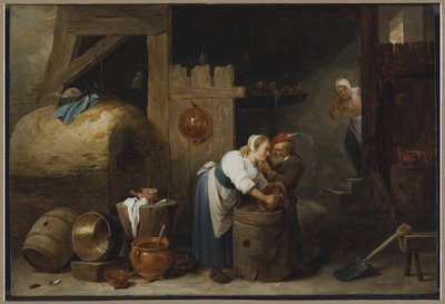 Interiør med en ung kvinde, der skrubber gryder, mens en gammel mand plager hende af David Teniers the Younger