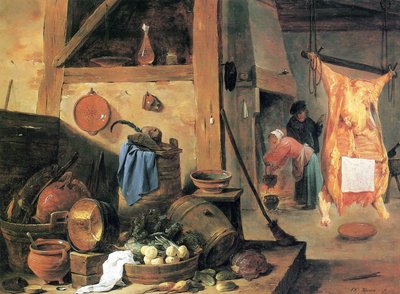 Køkkeninteriør med stilleben og slagtet okse af David Teniers the Younger