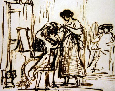 Et interiør med en kvinde, der klæder sit hår (blæk på papir) af David Wilkie