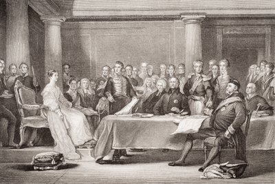 Dronning Victorias første råd, Kensington Palace, 21. juni 1837, fra `Illustrationer af engelsk og skotsk historie