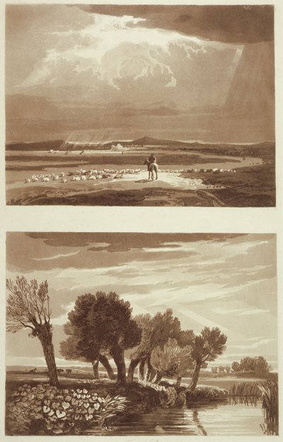 An Effect after a storm... and Transient Effect, View in Battersea Marsh, illustrationer fra A Treatise on Landscape and Effect in Water Colours, 1841 (akvatint) af David after Cox