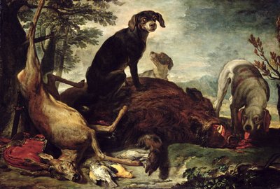 Hunde med dræbte vildsvin og hjorte, af David de Coninck