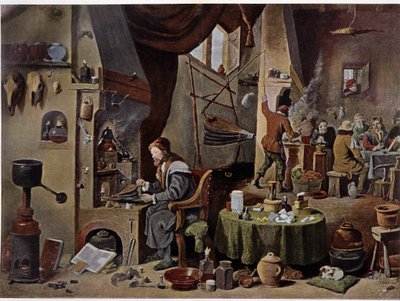 Et alkymistlaboratorium i det 17. århundrede - ifølge maleriet af David Téniers den Yngre af David the Younger (after) Teniers