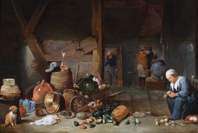 Et køkkeninteriør med en kvinde, der forbereder grøntsager, og personer i samtale bagved (olie på panel) af David the Younger (circle of) Teniers