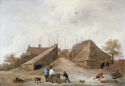 En gård med figurer rundt om et bord af David Teniers the Younger