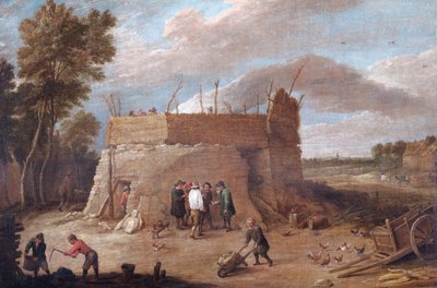 En kalkovn med figurer (olie på lærred) af David Teniers the Younger