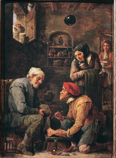 En operation, en læge ved at åbne patientens fod (olie på lærred af David Teniers the Younger