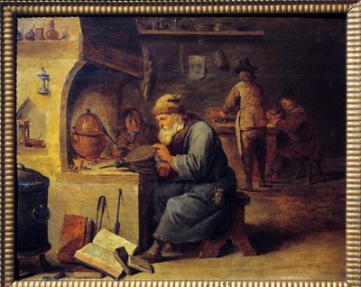 En alkymist. Maleri af David Teniers II kaldet David Le Jeune (1610 - 1690), Ec. Flamme af David Teniers the Younger