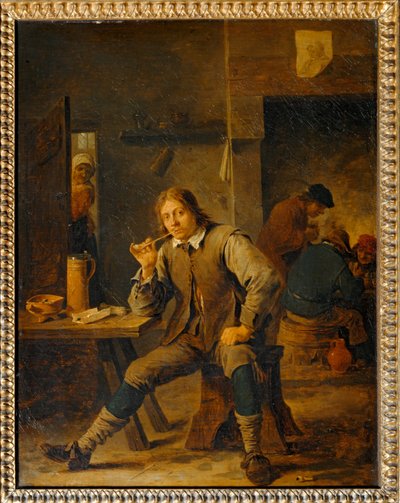 En ryger læner sig op ad et bord ... af David the Younger Teniers