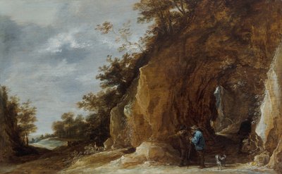 Bønder hviler på en sti i et klippefyldt skovlandskab af David Teniers the Younger