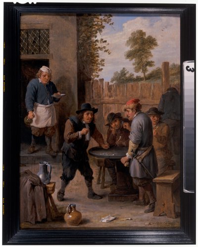 Talonpojat leikkivät noppaa majatalon ulkopuolella af David the Younger Teniers