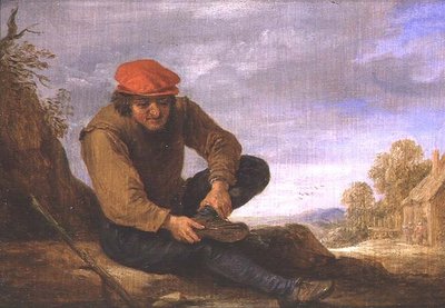 Siddende mand fjerner sin sko (panel) af David Teniers the Younger