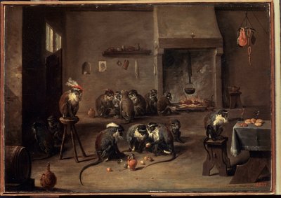 Aber i køkkenet. Maleri af David Teniers den yngre (1610-1690). Olie på lærred, 36 x 50,5 cm, ca. 1640. Flamsk kunst, barokkunst. Eremitagemuseet, Sankt Petersborg. af David Teniers the Younger