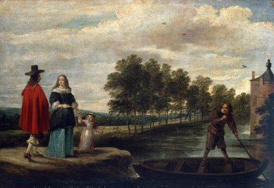 Kunstneren, hans kone og barn ved graven i hans palæ, Perck (olie på lærred) af David Teniers the Younger