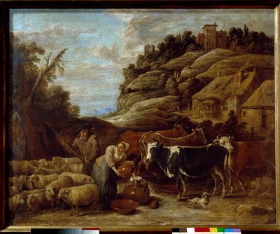 Besætningens malkning. Maleri af David II Teniers The Young (1610-1690) Ec. Flam. af David Teniers the Younger