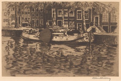 Kanal med fortøjet sejlbåd af David van Hessen (signed by artist)