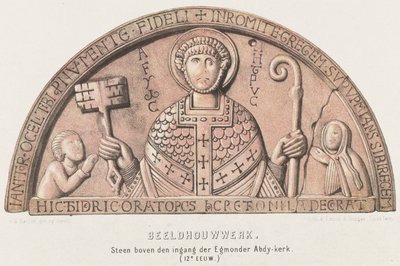 Tympaan van Egmond: buetromme med Petrus, grev Dirk VI af Holland og hans mor grevinde Petronella, ca. 1120 Skulptur. Sten over indgangen til Egmonder Abdy kirke (1100-tallet) (titel på objekt) af David van der Kellen