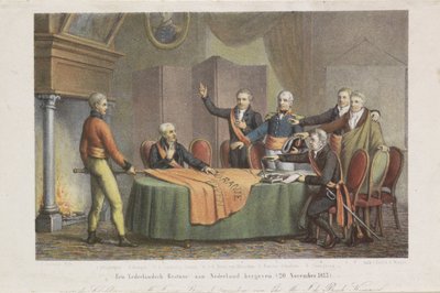 Accept af den høje regeringstid af triumviratet i prinsen af ​​Oranges navn, 21. november 1813 Gendan en hollandsk regering til Holland. (20. november 1813) (titel på objekt) af David van der Kellen
