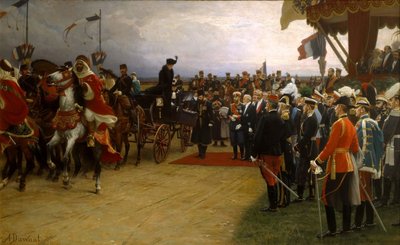 Præsident Emile Loubet byder zar Nicolas II og tsarina Alexandra velkommen til manøvrerne i Betheny, af Dawant