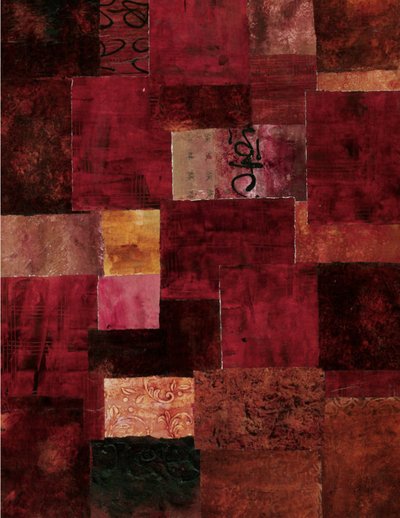 Abstrakt patchwork i rødt af Deb Chaney