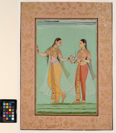 En stående dame tilbød en bakke af sin stuepige, ca. 1670 (ugennemsigtig akvarel og guld på papir) af Deccani School