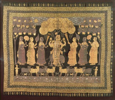 Krishna og hans Gopis (ugennemsigtig akvarel, guld og sølv på farvet bomuld) af Deccani School