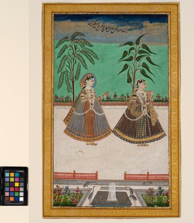 To kvinder fra Tana Shahs harem fra Golconda, ca. 1800 (ugennemsigtig akvarel og guld på papir, monteret på en albumside) af Deccani School