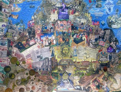 Death of Credit, 2010 (collage og blandede medier på lærred) af Deirdre Kelly