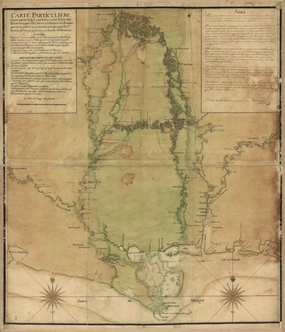 Særligt kort over en del af Louisiana, hvor floderne er blevet registreret ved dødregning og vejene af land, undersøgt og målt ved trin, af Srs. Broutin, de Vergés, ingeniører og Saucier-designer af Demarigny
