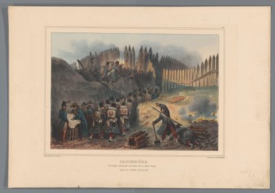 Gruppesoldat trækker døren til en åbning i de palisade, 1832 Caponier, palisaderet værk foran halvmånen (titel på objekt) Tegninger lavet af livet ved belejringen af ​​Citadellet i Antwerpen af ​​Raffet (serietitel på objekt) af Denis Auguste Marie Raffet
