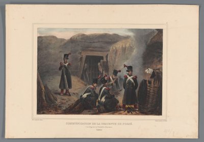 Militær ved een mijngang, 1832 Kommunikation af grøftnedstigning (titel på objekt) Tegninger lavet af livet ved belejringen af ​​Citadellet i Antwerpen af ​​Raffet (serietitel på objekt) af Denis Auguste Marie Raffet