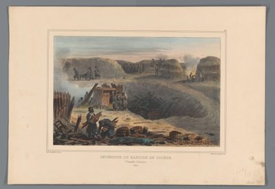 Militairten binnen een bastion, 1832 Interiør af Bastionen i Toledo (titel på objekt) Tegninger lavet af livet ved belejringen af ​​Citadellet i Antwerpen af ​​Raffet (serietitel på objekt) af Denis Auguste Marie Raffet