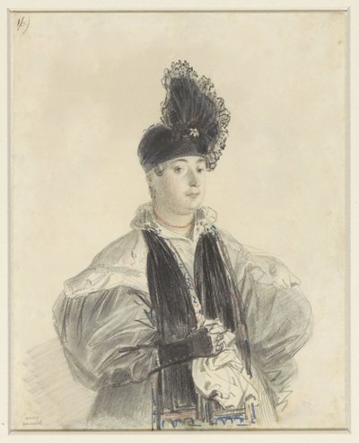 Portræt af en stående dame med sort tørklæde og sort hat af Denis Auguste Marie Raffet