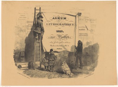 To mænd sætter en plakat op ad en væg Album lithographique de 1837 (serietitel på objekt) af Denis Auguste Marie Raffet