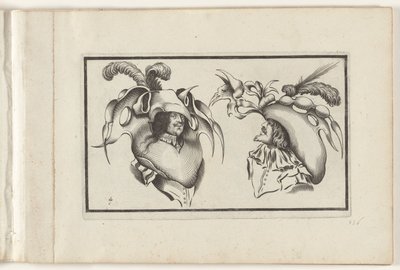 To mænds hoveder med groteske hatte og kraver Hovedbeklædningsdesign (serietitel) Ouvrage sjældne et nouveau, contenant plusieurs desseins de merveilleuse rekreation sous diverses caprices et gentillesses representees en l
