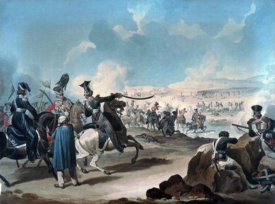 Russisk kavaleri angriber fransk infanteri ved Borodino (bataille de la Moskova) - Dighton, Denis (1792-1827) - ca 1813 - Akvarel på papir - 53,8x71,8 - Privat samling af Denis Dighton