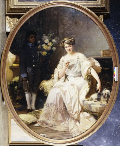 Portræt af en dame, siges at være Anna de Noailles, siddende i fuld længde, med en negerside i et interiør af Denis Etcheverry