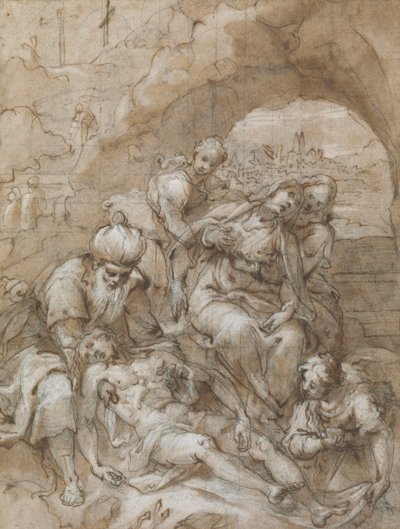 Aflejring, ca. 1595 (sort kridt, kuglepen & brunt blæk, wc og hvid forhøjning, firkantet til overførsel med sort kridt, på lagt papir) af Denis Calvaert