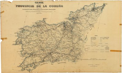 Kort over provinsen A Coruña med stats- og provinsveje og subsidierede naboveje. Udgivet efter aftale med Hans Excellence. Provinskommissionen af Deputación da Coruña