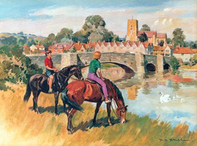Engelsk landskabsscene (farvelitografi) af Derek Charles Eyles