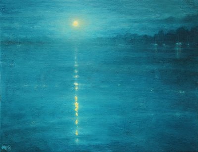 Moonrise On The Canal, 2020 (Olie on Canvas) af Derek Hare