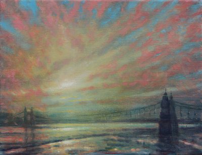 Sunset At Hammersmith Bridge, 2022 (Olie on Canvas) af Derek Hare