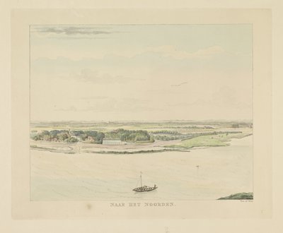 Udsigt over Waal nord for Nijmegen Mod nord (titel på objekt) Seværdigheder omkring byen Nijmegen (serietitel) Geldersch panorama eller rund udsigt over livet tegnet på belvedere i Nymegen (serietitel) af Derk Anthony van de Wart
