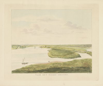 Udsigt over Waal mod nordøst for Nijmegen Mod nordøst (titel på objekt) Seværdigheder omkring byen Nijmegen (serietitel) Geldersch panorama eller rund udsigt over livet tegnet på belvedere i Nymegen (serietitel) af Derk Anthony van de Wart