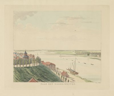 Udsigt over Valkhof og Waal nordvest for Nijmegen Mod nordvest (titel på objekt) Seværdigheder omkring byen Nijmegen (serietitel) Geldersch panorama eller rund udsigt over livet tegnet på belvedere i Nymegen (serietitel) af Derk Anthony van de Wart
