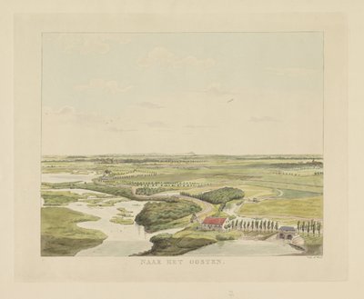 Udsigt over landskabet øst for Nijmegen Mod øst (titel på objekt) Seværdigheder omkring byen Nijmegen (serietitel) Geldersch panorama eller rund udsigt over livet tegnet på belvedere i Nymegen (serietitel) af Derk Anthony van de Wart