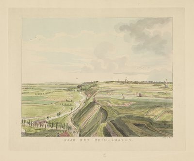 Udsigt over landskabet sydøst for Nijmegen Mod sydøst (titel på objekt) Seværdigheder omkring byen Nijmegen (serietitel) Geldersch panorama eller rund udsigt over livet tegnet på belvedere i Nymegen (serietitel) af Derk Anthony van de Wart