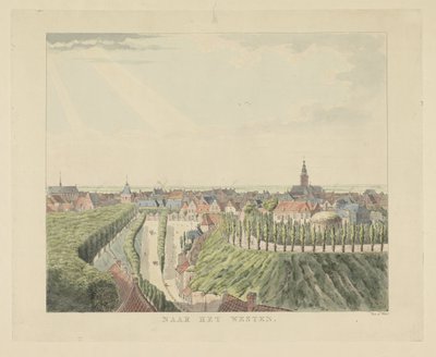 Nijmegen, udsigt fra Belvédère mod vest Mod vest (titel på objekt) Seværdigheder omkring byen Nijmegen (serietitel) Geldersch panorama eller rund udsigt over livet tegnet på belvedere i Nymegen (serietitel) af Derk Anthony van de Wart
