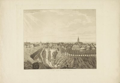 Nijmegen, udsigt fra Belvédère mod vest Mod vest (titel på objekt) Seværdigheder omkring byen Nijmegen (serietitel) Geldersch panorama eller rund udsigt over livet tegnet på belvedere i Nymegen (serietitel) af Derk Anthony van de Wart