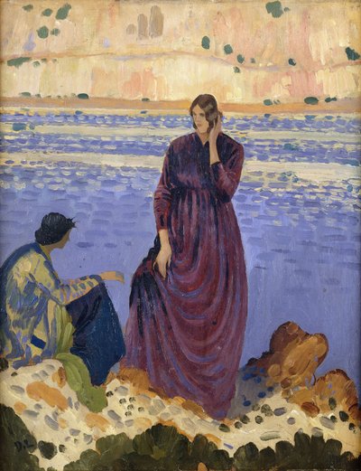 To kvinder på klipperne ved havet, af Derwent Lees